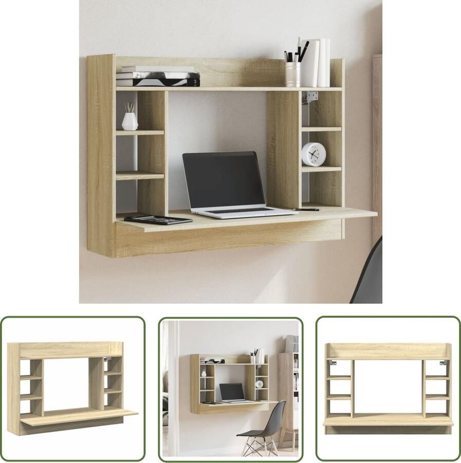 The Living Store Wandbureau 105x48x75 cm bewerkt hout sonoma eikenkleurig Zwevend Bureau Wandbureau Werkstation Kantooroplossing Compact Bureau