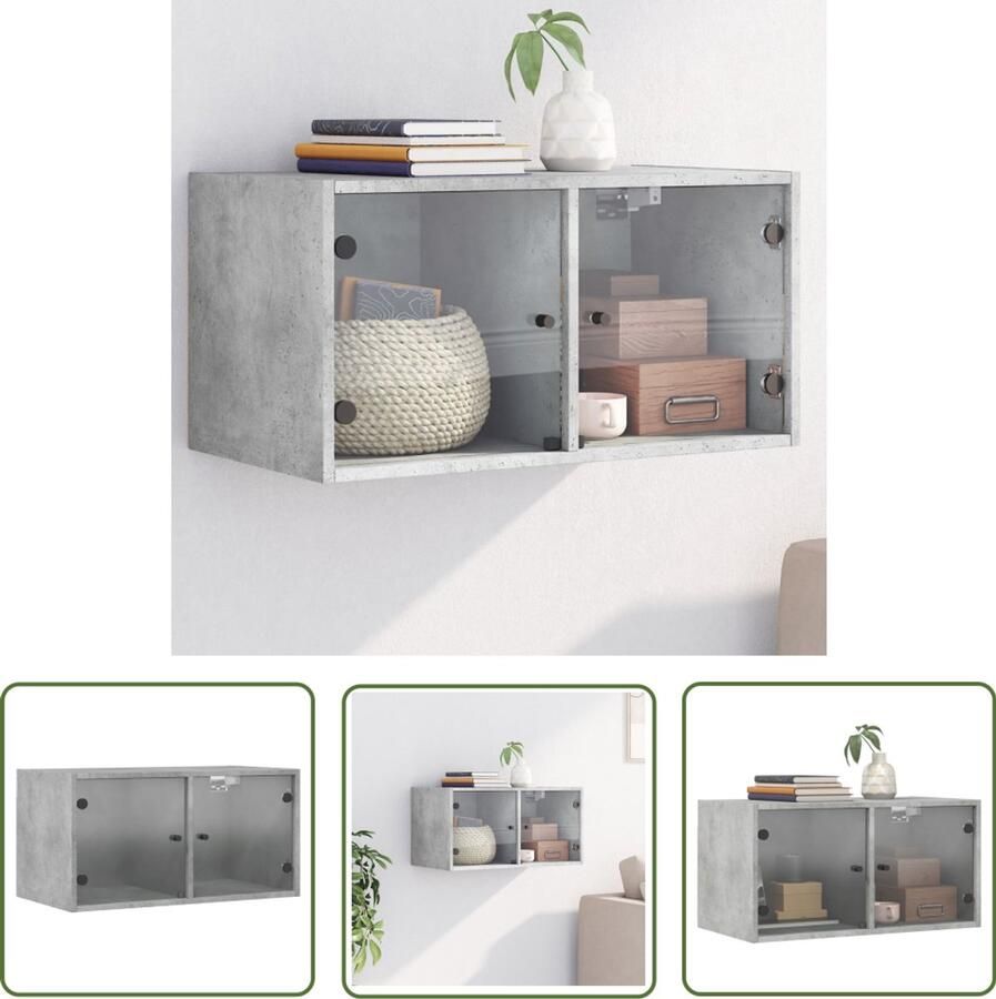 The Living Store Wandkast met glazen deuren 68 5x37x35 cm betongrijs Hangkast Wanddecoratie Bergruimte Houten Kast Glazen Deur