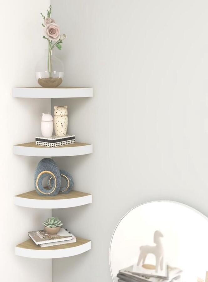 VidaXL Wanddecoratie Hoekwandplank Hoekwandschappen 4 st 35x35x3 8 cm MDF eikenkleurig en wit Mdf Plank Houten Wandrek Living Deco