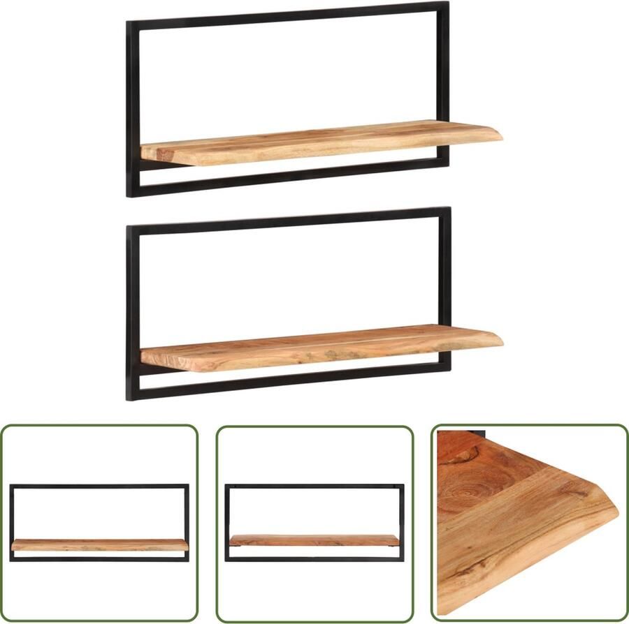 The Living Store Wandschappen 2 st 80x25x35 cm massief acaciahout en staal Houten Wanddecoratie Boekenkast Muur Wandplanken Houtsoort Acaciahout Vintage Woonaccessoires