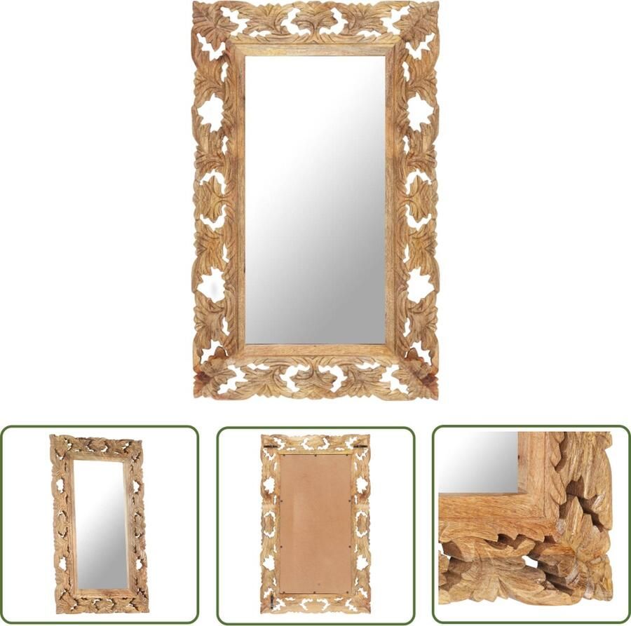 The Living Store Massief Mangohouten Spiegel 80x50x2.5 cm Bruin handgesneden patroon Mango Houtspiegel Wanddecoratie Vintage Spiegel Retro Spiegel Salontafel Spiegel