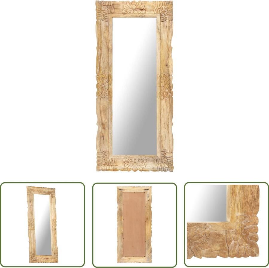 The Living Store Massief Mangohouten Spiegel 110 x 50 x 2.5 cm Handgesneden Patroon Mango Spiegel Wanddecoratie Vintage Spiegel Handgemaakte Spiegel Salontafel Spiegel