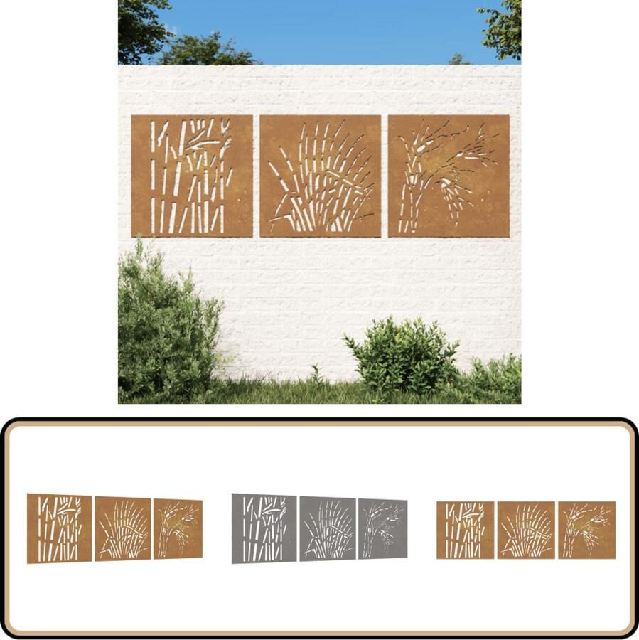 VidaXL Wanddecoratie tuin grasdesign 55x55 cm cortenstaal Tuin Decoratie Cortenstaal Decoratie Wanddecoratie Gras Patroon Buitendecoratie Roest Effect Tuindeco