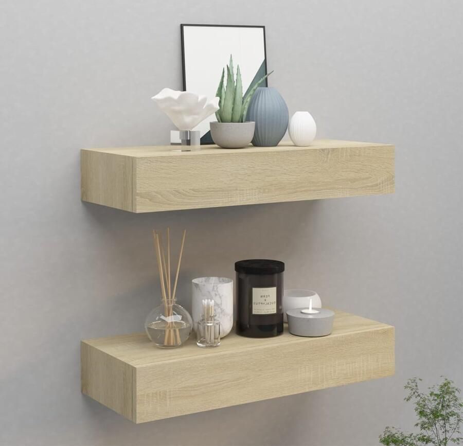 The Living Store viaXL Wandschappen 2 st met lade 60x23 5x10 cm MDF eikenkleurig Zwevend Ladeschap Wandplank Ladekast Bergruimte Decoratief