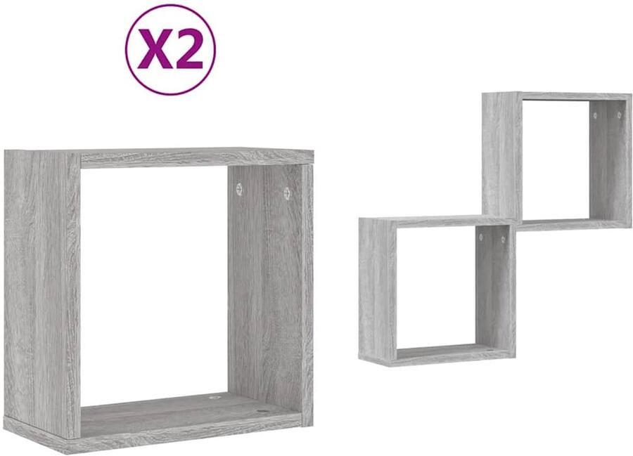 The Living Store Wandrekken Kubus 2 st 30x15x30 cm grijs sonoma Wandplank Wanddecoratie Opbergkast Kubus Rek Grijze Kast