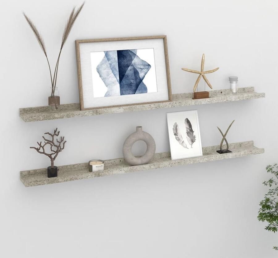 The Living Store Wandschappen 2 st 100x9x3 cm betongrijs Wanddecoratie Wandplank Mdf Plank Grijze Wandplank Hangend Rek