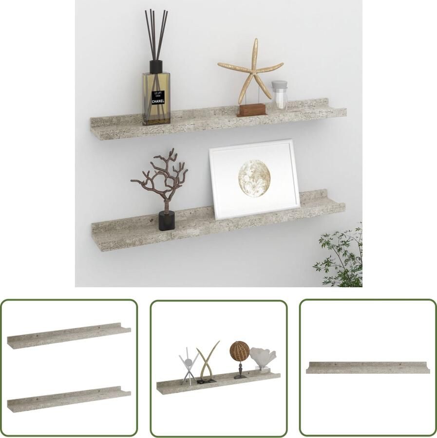 The Living Store Wandschappen 2 st 60x9x3 cm betongrijs Wandplank Schappenset Wanddecoratie Mdf Plank Grijze Wandplank