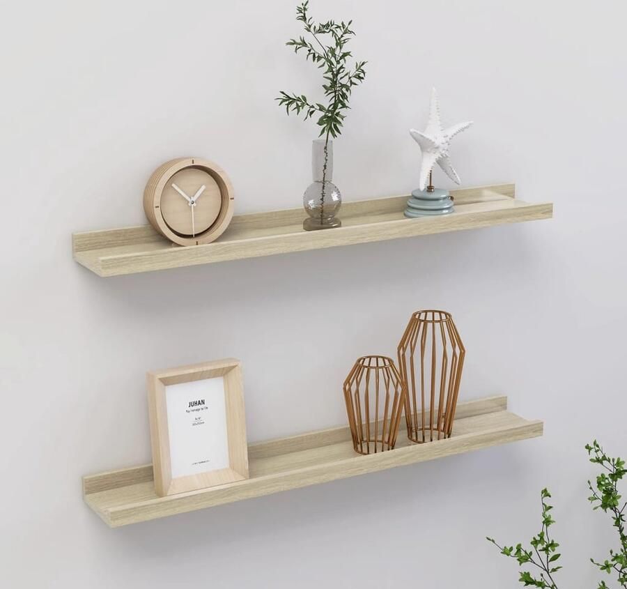 The Living Store Wandschappen 2 st 60x9x3 cm sonoma eikenkleurig Wandplank Wandmontage Houten Plank Salontafel Accessoires Woonaccessoires