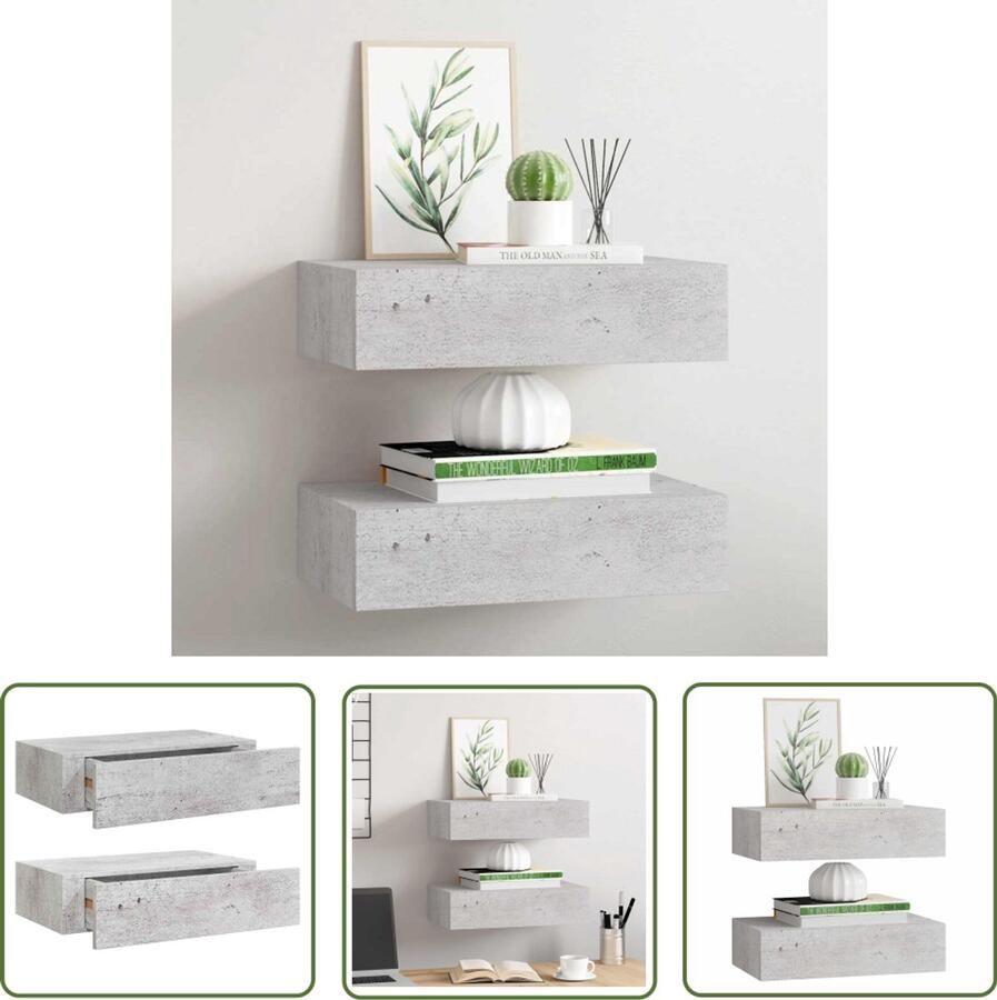 The Living Store Wandschappen 2 st met lade 40x23 5x10 cm MDF betongrijs Zwevend Ladeschap Wandplank Bergruimte Opbergkast Beton Grijs