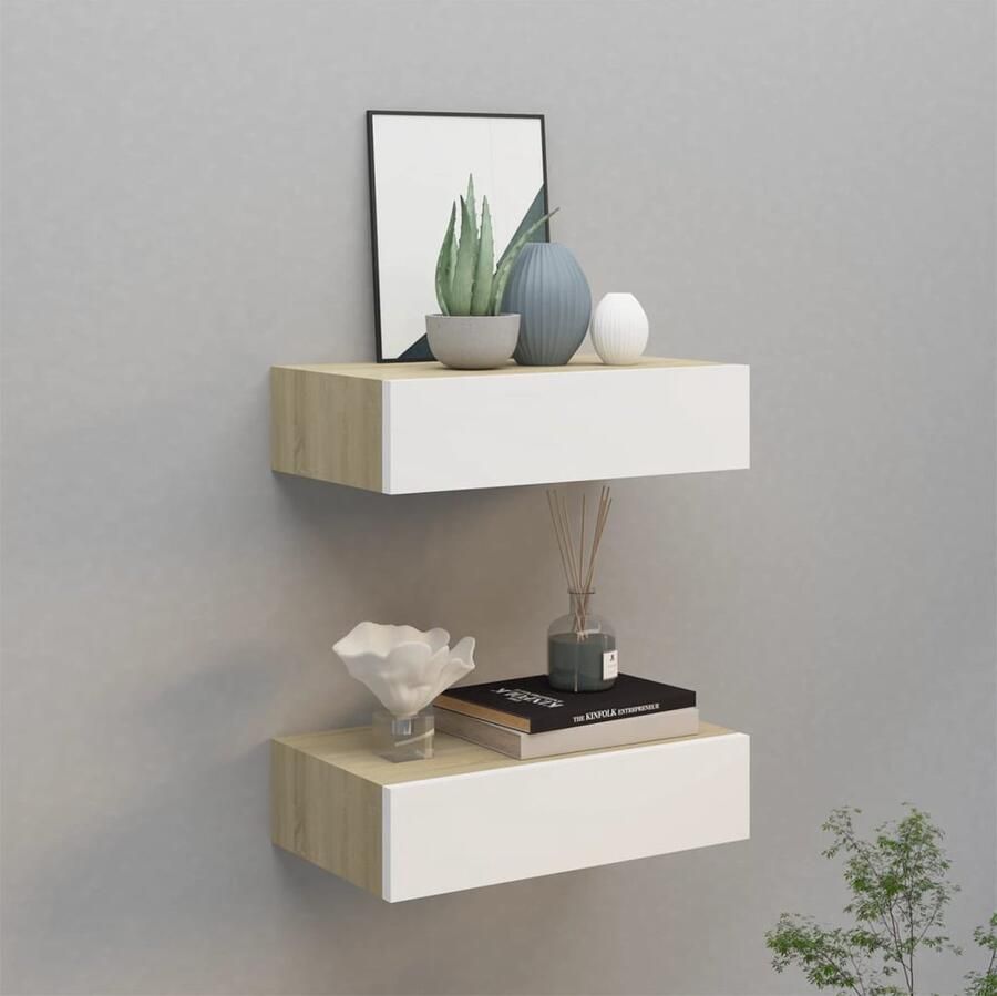 The Living Store Wandschappen 2 st met lade 40x23 5x10 cm MDF eikenkleur en wit Zwevend Wandrek Ladekast Houten Wandplank Bergruimte Minimalistische Meubels