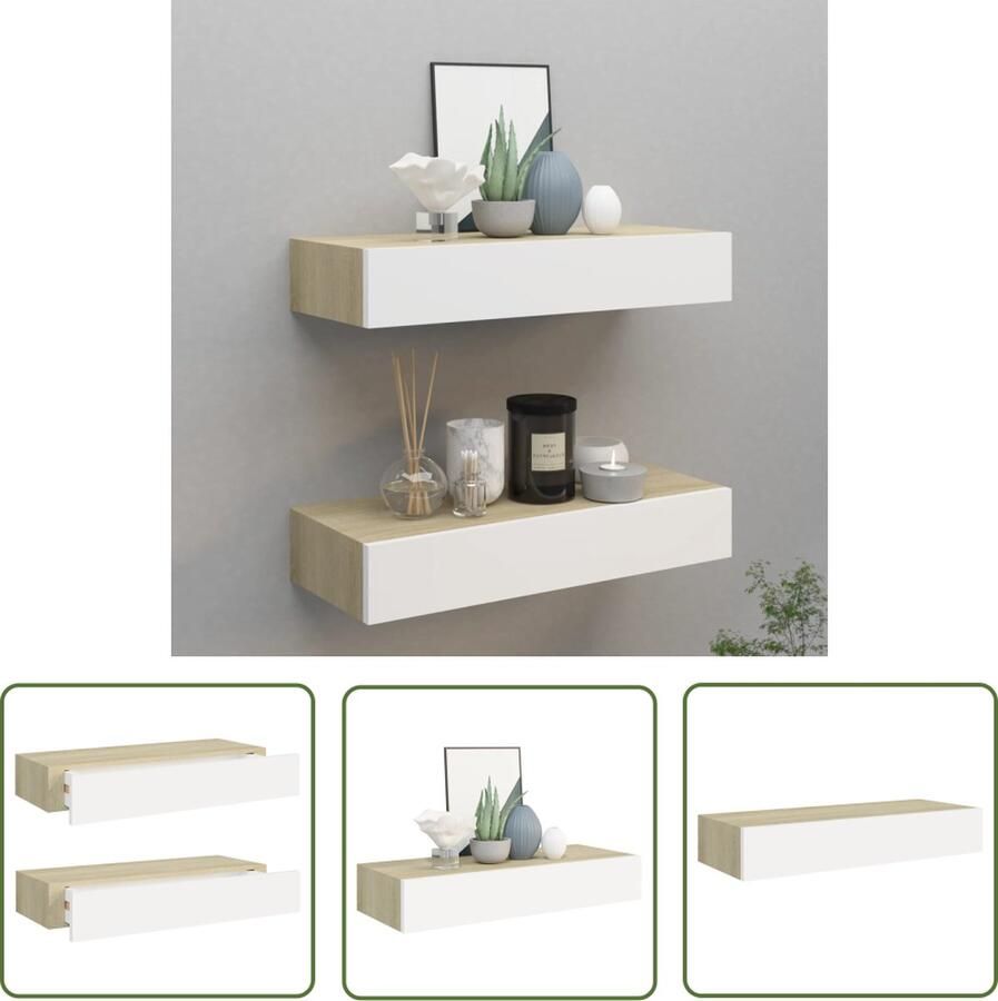 The Living Store Wandschappen 2 st met lade 60x23 5x10 cm MDF eikenkleurig wit Zwevend Wandrek Wandenplank Ladenkast Bergruimte Livingroomdecoratie