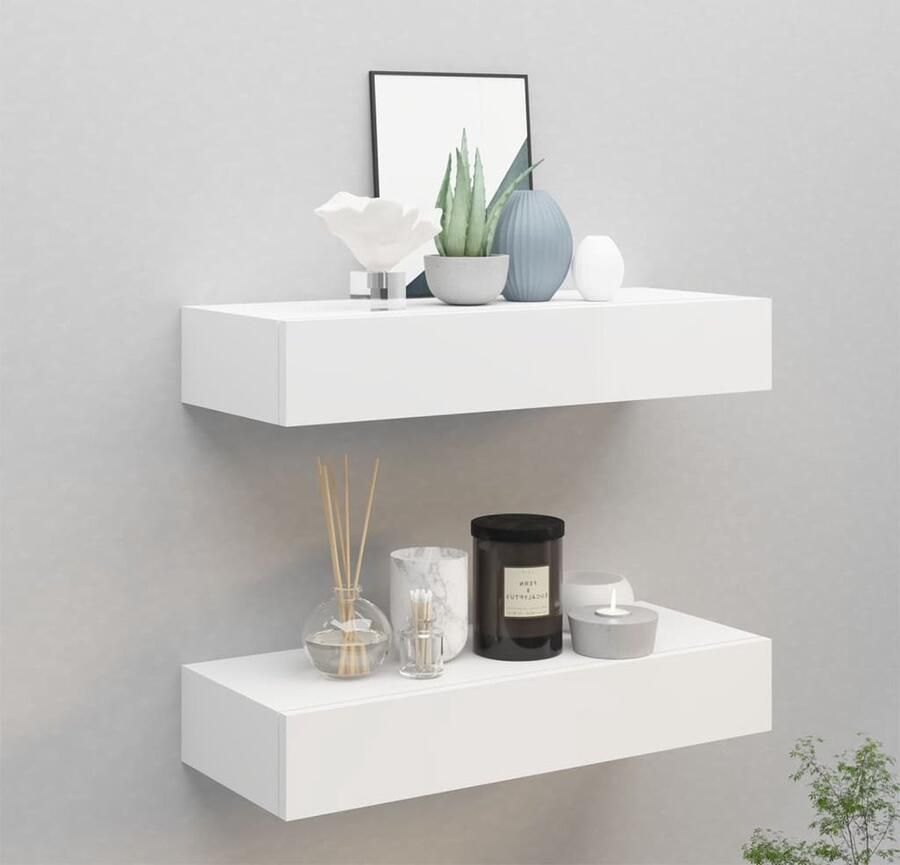 The Living Store Wandschappen 2 st met lade 60x23 5x10 cm MDF wit Zwevend Wandrek Ladekast Wandenplank Opslagoplossing Woonaccessoires