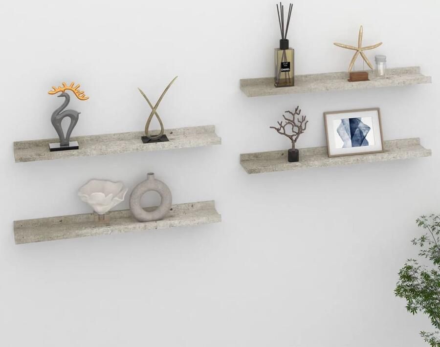 The Living Store Wandschappen 4 st 60x9x3 cm betongrijs Wandplank Decoratieve Wandplank Mdf Wandplank Grijze Wandplank Hangplankje - Foto 2