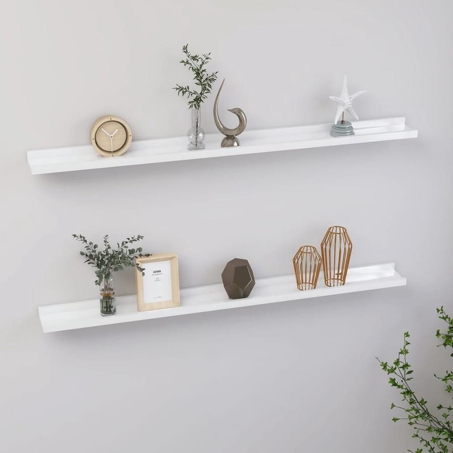 VidaXL Wanddecoratie Wandplanken Wandschappen 2 st 100x9x3 cm hoogglans wit Opslagoplossing Mdf Planken Witte Wandplank