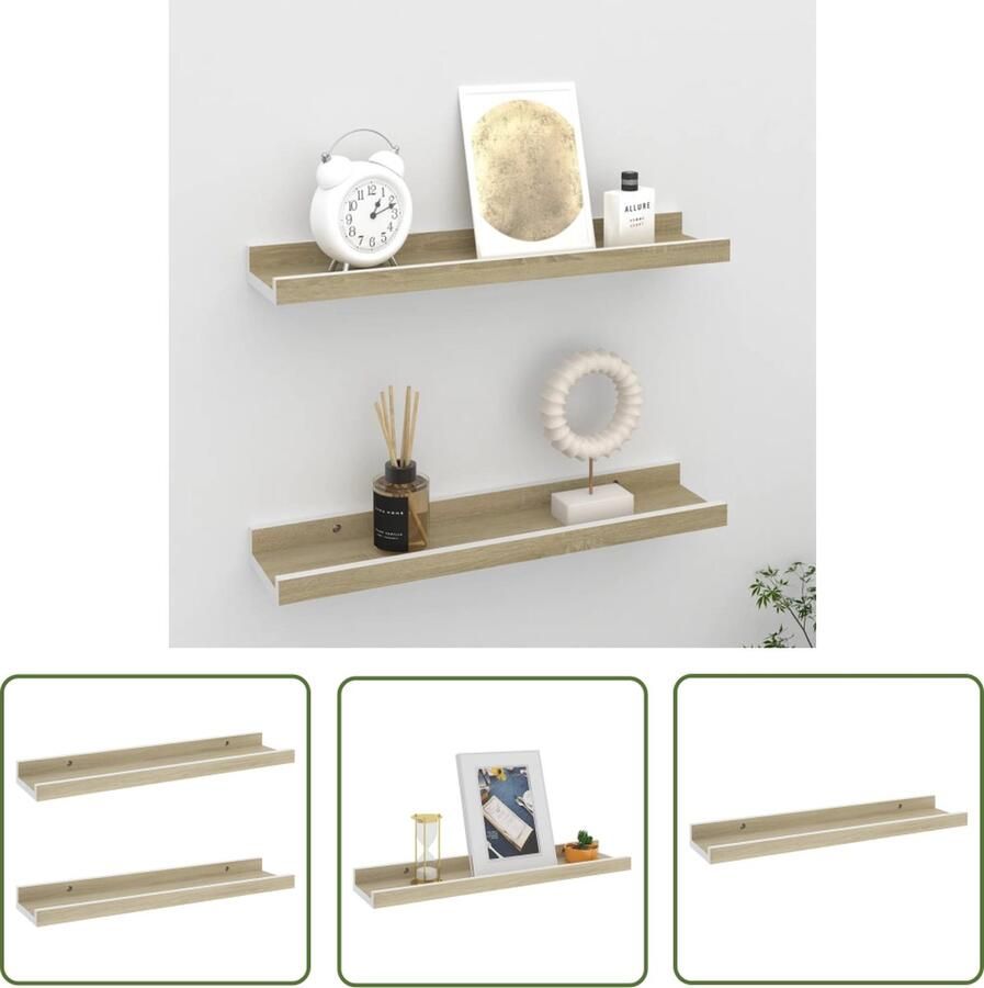 The Living Store Wandschappen 2 st 40x9x3 cm wit sonoma eikenkleurig Wandplank Wanddecoratie Mdf Plank Hangplankje Woonaccessoires