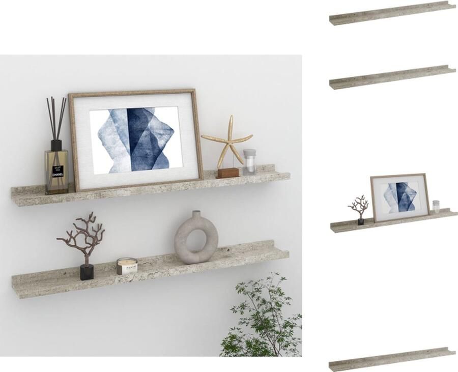 The Living Store Wandschappen 2 st 80x9x3 cm betongrijs Wandplank Schappenset Wanddecoratie Betonlook Mdf Plank