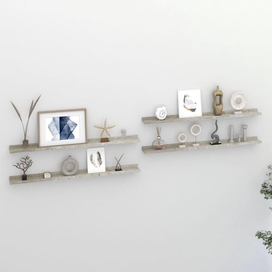 The Living Store Wandschappen 4 st 100x9x3 cm betongrijs Wandplank Mdf Wandplankje Hangend Rek Decoratief Wandrek Opslagmogelijkheden