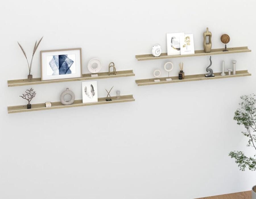 The Living Store Wandschappen 4 st 115x9x3 cm wit en sonoma eikenkleurig Wanddecoratie Wandplank Houten Plank Opslagoplossing Woonaccessoires