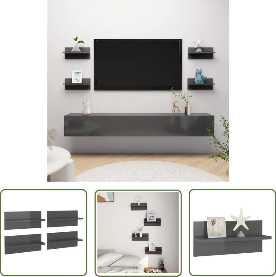 The Living Store Wandschappen 4 st 40x11 5x18 cm hoogglans grijs Wandplanken Wanddecoratie Houten Plank Hoogglans Grijs Badkamer Accessoires