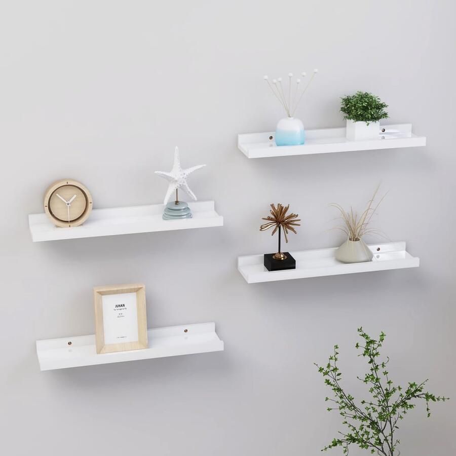 The Living Store Wandschappen 4 st 40x9x3 cm hoogglans wit Wanddecoratie Schappenset Mdf Wandplank Hangplankje Badkamer Accessoires