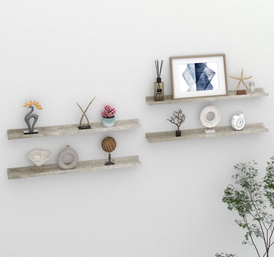 The Living Store Wandschappen 4 st 80x9x3 cm betongrijs Wandplank Schappen Set Wanddecoratie Mdf Plank Grijze Wandplank