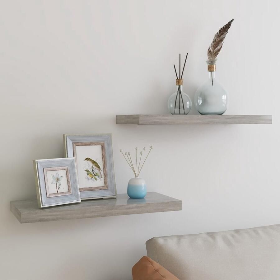 VidaXL Wanddecoratie Wandplanken Wandschappen zwevend 2 st 60x23 5x3 8 cm MDF betongrijs Betonlook Grijze Woonaccessoires Minimalistisch Design