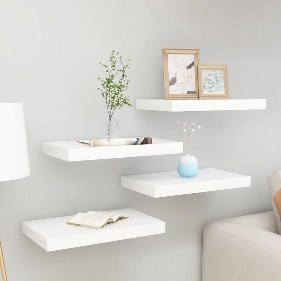 The Living Store Wandschappen zwevend 4 st 40x23x3 8 cm MDF eikenkleurig en wit Wanddecoratie Wandplank Zwevende Schappen Houten Wandrek Vitrinekastje