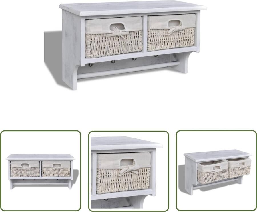 The Living Store Wandplank met manden 60x23.5x33 cm wit Houten frame 2 manden 4 haken Wandplankje Wanddecoratie Opbergkast Opbergrek Woonaccessoire