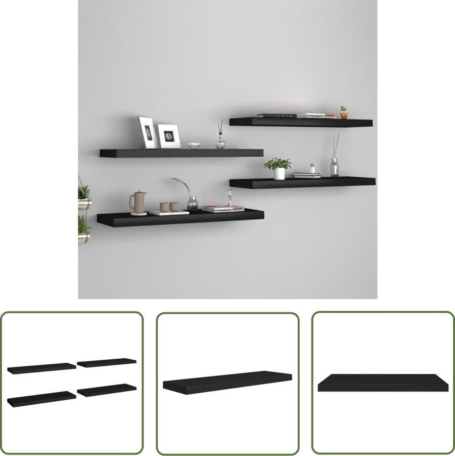The Living Store Wandschappen zwevend 4 st 80x23 5x3 8 cm MDF zwart Wandplank Wandendecoratie Opbergoplossing Woonaccessoires Mdf Plank