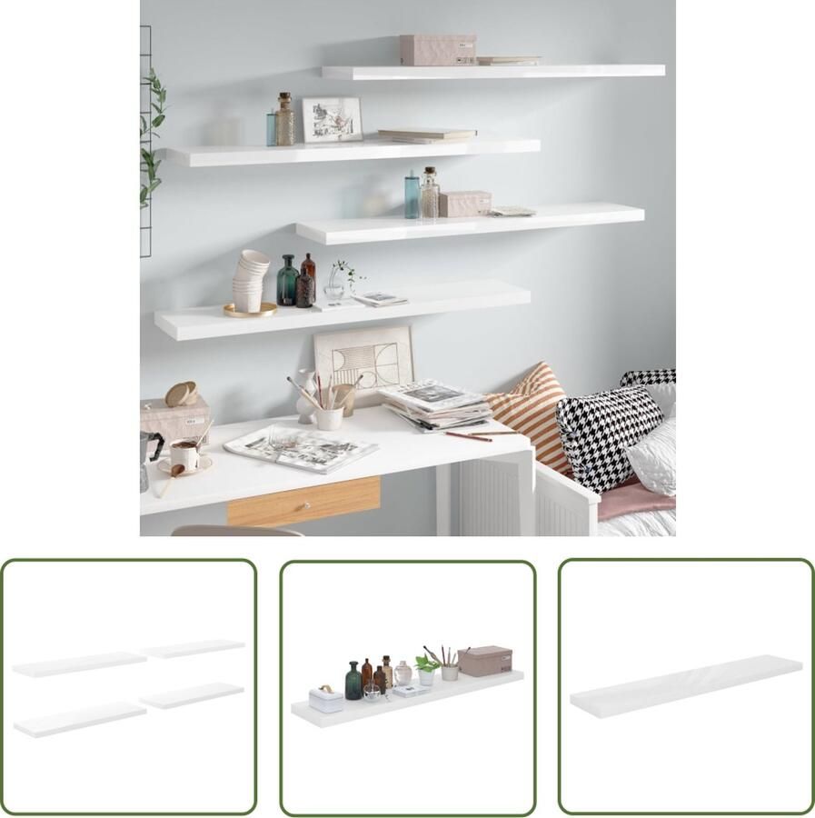 The Living Store Wandschappen zwevend 4 st 120x23 5x3 8 cm MDF hoogglans wit Wandplank Wandendecoratie Houten Wandplank Mdf Wandplank Witte Wandplank