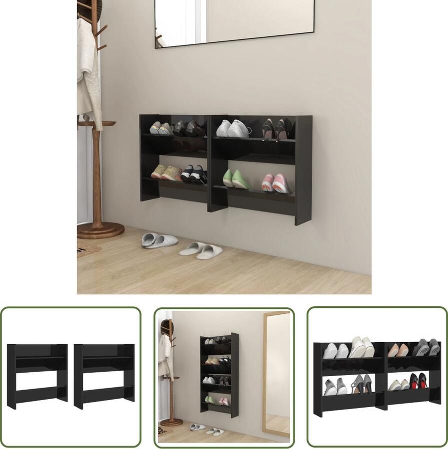 The Living Store Schoenenkast Wandmontage 60 x 18 x 60 cm Hoogglans zwart 2 schappen Schoenenkast Wanden Kast Wandmontage Zwarte Schoenenkast Houten Schoenenkast - Foto 2
