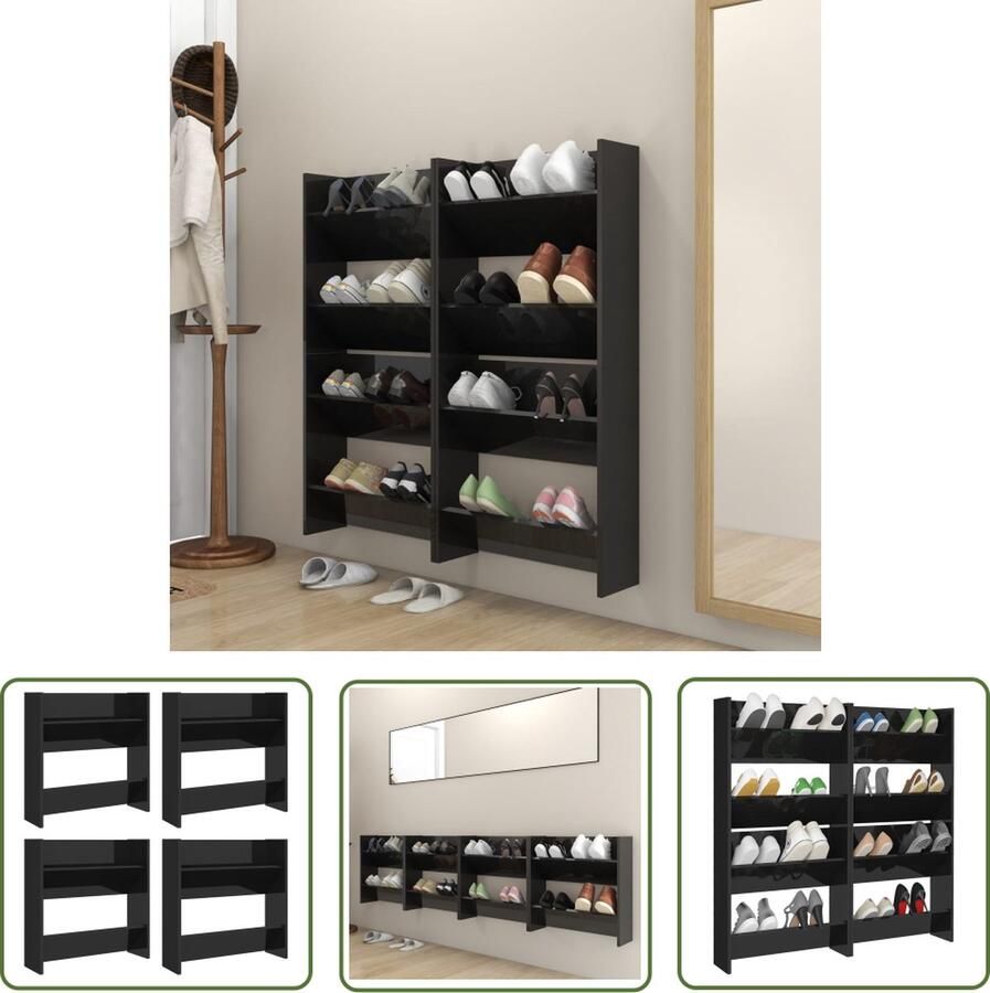 The Living Store Schoenenkast 60 x 18 x 60 cm 2 schuine schappen Hoogglans zwart Schoenenkast Wanden Kast Schoenuitlegers Wand Organizer Bergruimte - Foto 2
