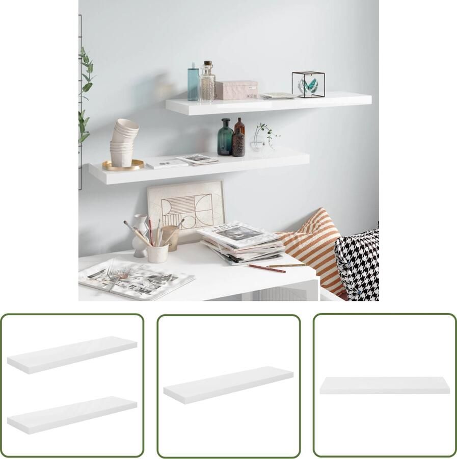 VidaXL Wanden Plank Wandplank Wandschappen zwevend 2 st 90x23 5x3 8 cm MDF hoogglans wit Shelving Unit Opslagoplossing Woonaccessoires