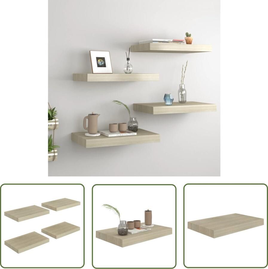 The Living Store Wandschappen zwevend 4 st 40x23x3 8 cm MDF eikenkleurig Wandplank Zwevende Plank Houten Wandplank Eiken Wandplank Salondecoratie