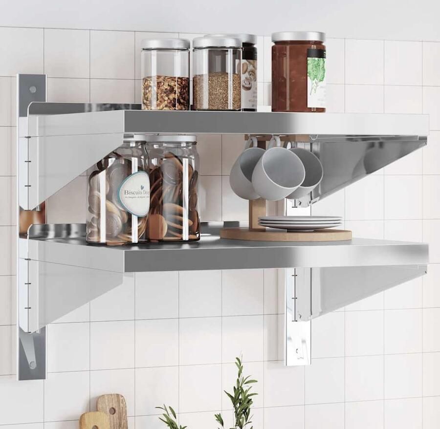 The Living Store Wandschap 2-laags 50x40x48 cm roestvrijstaal zilverkleurig Zwevend Wandschap Wandrek Roestvrijstalen Wandrek Opbergwand Ruime Opslag - Foto 2