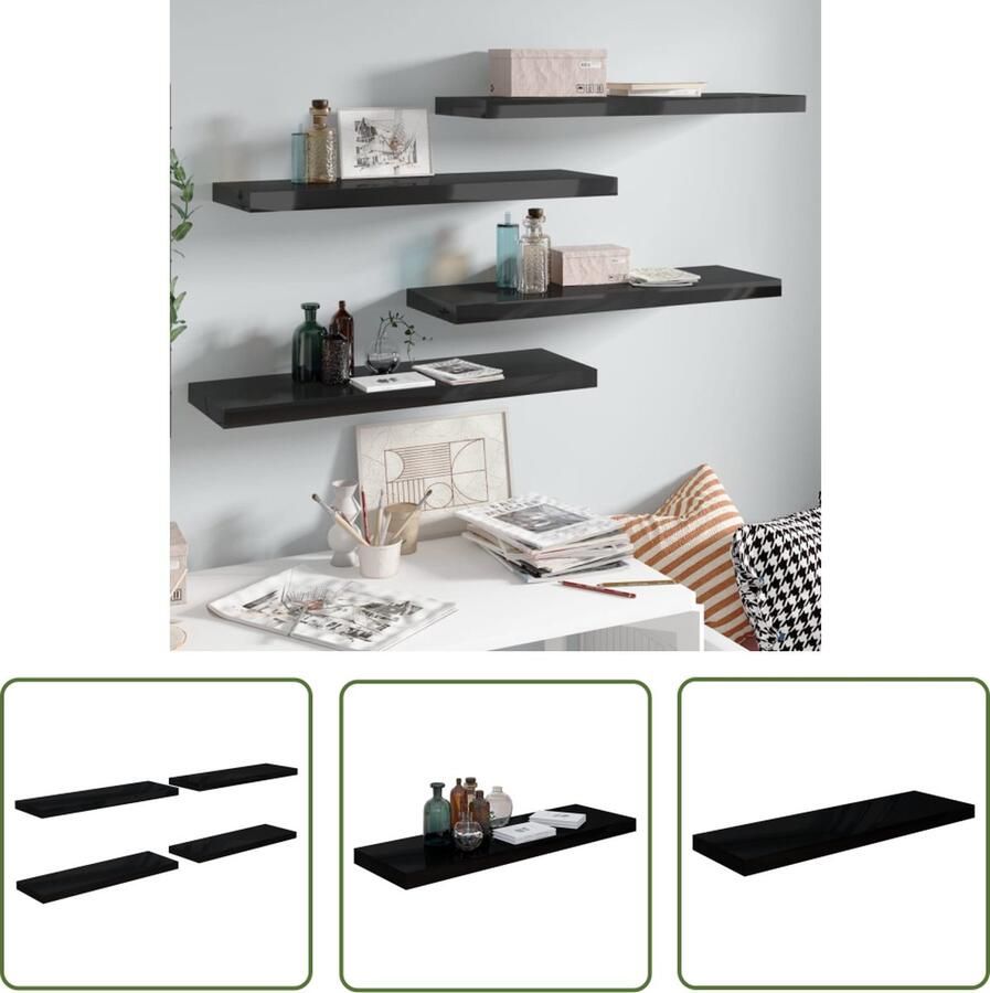 The Living Store Wandschappen zwevend 4 st 80x23 5x3 8 cm MDF hoogglans zwart Wandplank Zwevende Wandplank Wandendecoratie Opslagoplossing Woonaccessoires