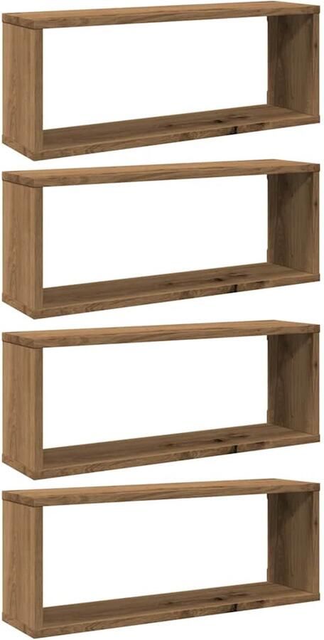 The Living Store Wandschappen kubus 4 st 60x15x23 cm hout artisanaal eiken Kubus Wandschapsysteem Houten Wandplank Opbergwanddecoratie Salon Meubilair Kamer Decoratie