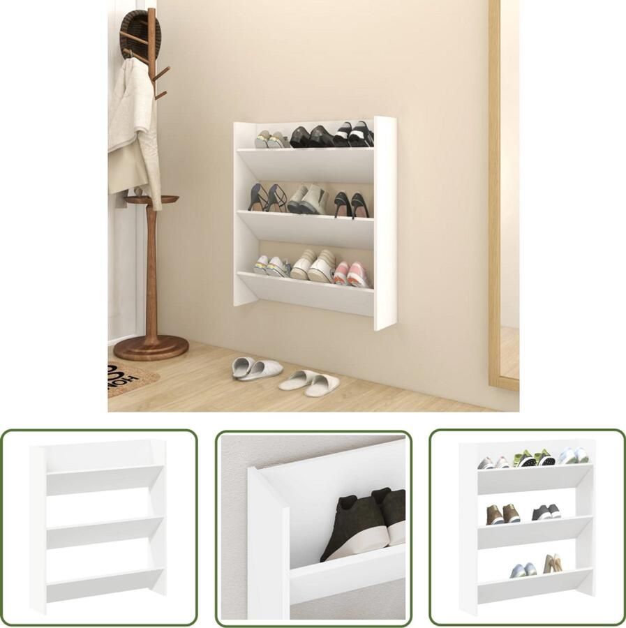 The Living Store Wandschoenenkast 80x18x90 cm bewerkt hout wit Schoenenkast Wandenplank Schoenuitlegers Bergruimte Organisatie - Foto 3
