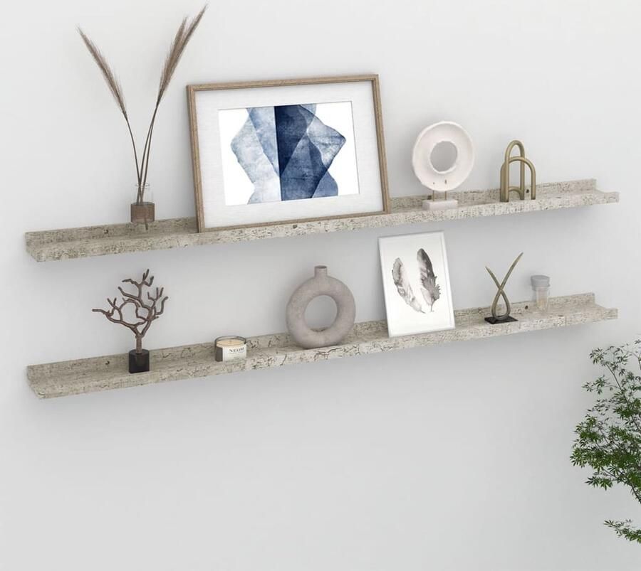 VidaXL Wandenplank Wanddecoratie Wandschappen 2 st 115x9x3 cm betongrijs Bergruimte Mdf Plank Grijze Wandrekken
