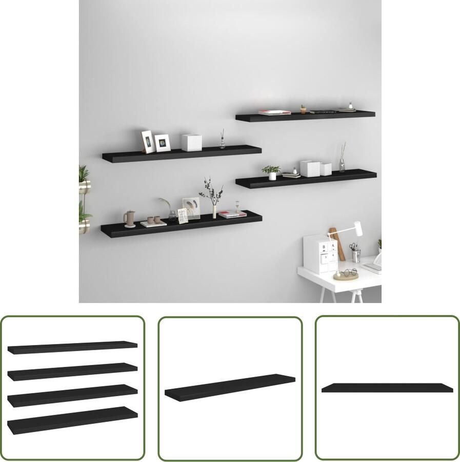 The Living Store Wandschappen zwevend 4 st 120x23 5x3 8 cm MDF zwart Wandplank Zwarte Wandplank Zwevende Plank Opbergruimte Woonaccessoires
