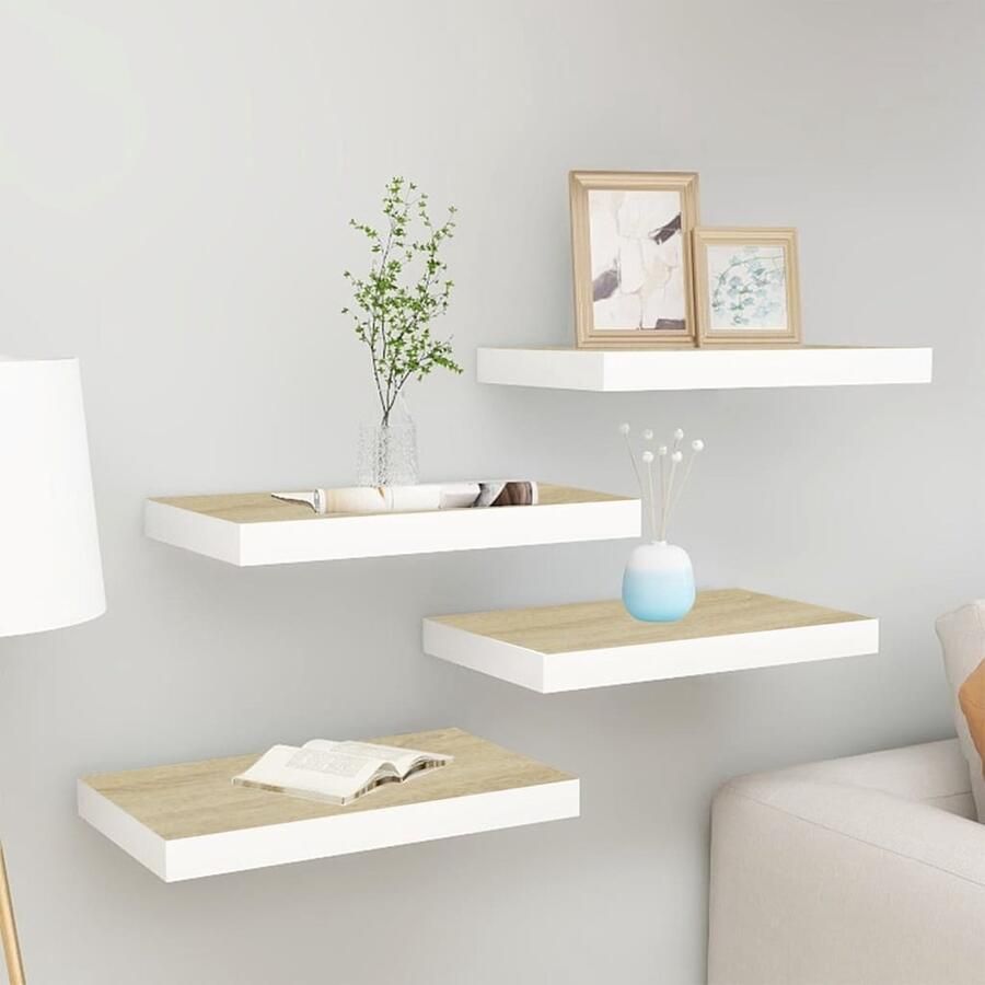 VidaXL Wandenplankset Zwevende Wandplanken Wandschappen zwevend 4 st 50x23x3 8 cm MDF eikenkleurig en wit Houten Wandrekken Mdf Wanddecoratie Minimalistisch Wanddesign