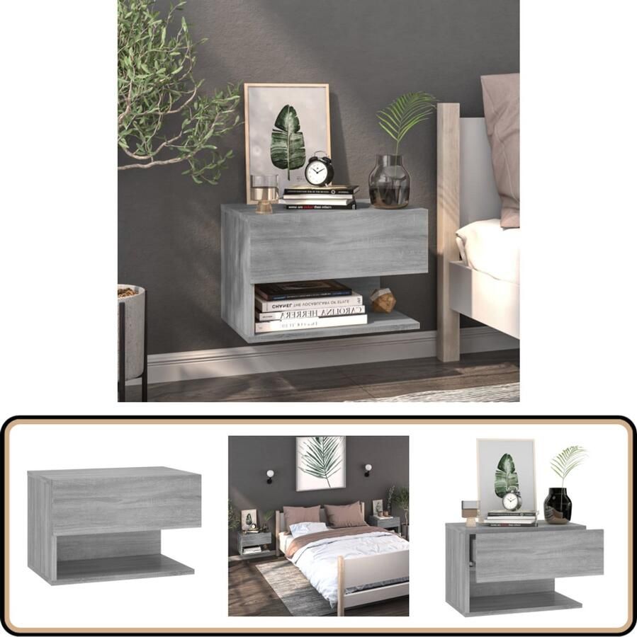 VidaXL Wandgemonteerd Nachtkastje Grijs Sonoma Eiken Wandlamp Nachtlamp Bergruimte Badkamermeubilair Houten Meubels Grijze Meubelen Slaapkamers