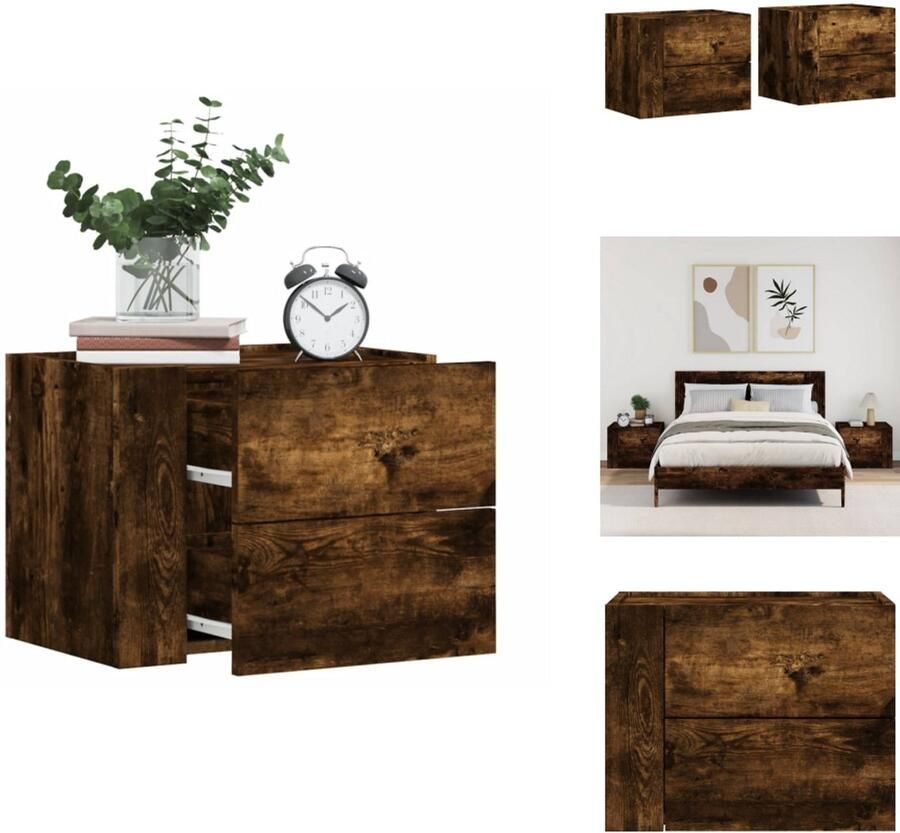 VidaXL Wandgemonteerd Nachtkastje Wandgemonteerde Nachtkastjes Bijzettafel Wandkastje Nachtkastjes 2 st wandgemonteerd 45x30x35 cm gerookt eikenkleur - Foto 2