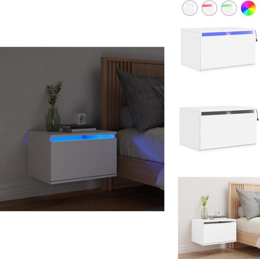 VidaXL Wandgemonteerd Nachtkastje Wandgemonteerde Nachtkastjes Nachtkastje Zwevend Nachtkastje met LED-verlichting wandgemonteerd wit