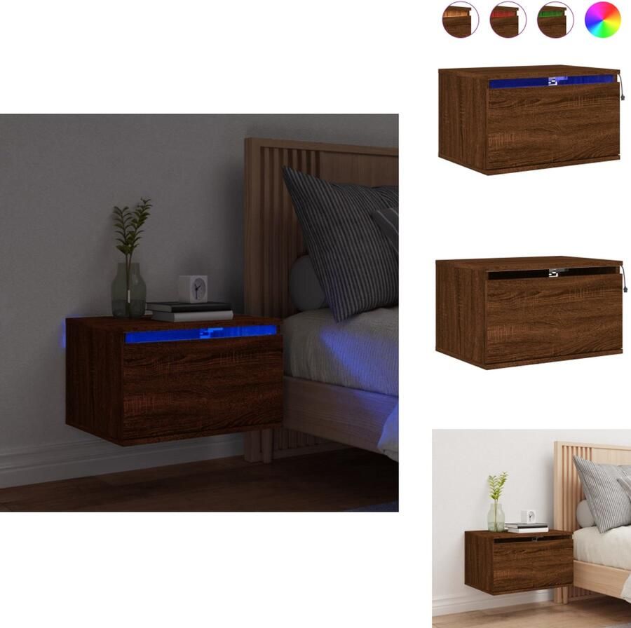 VidaXL Wandgemonteerd Nachtkastje Wandgemonteerde Nachtkastjes Nachtkastje Zwevend Nachtkastje met LED's wandgemonteerd bruin eikenkleur