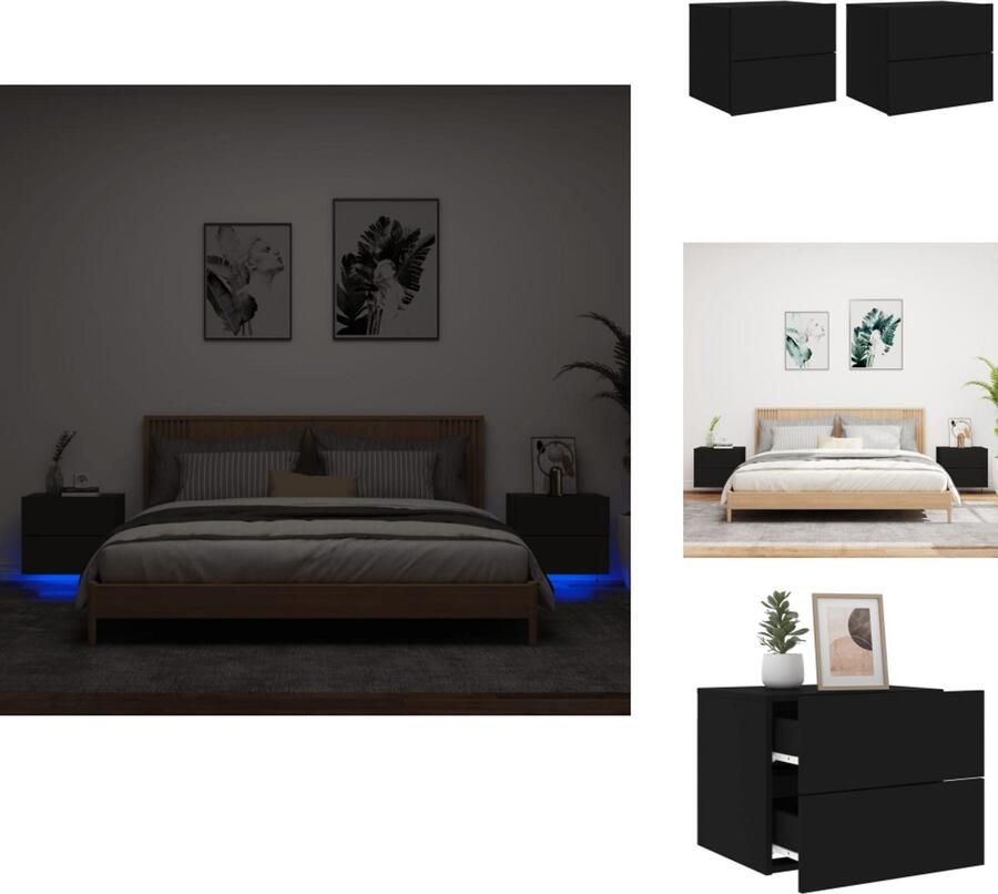 VidaXL Wandgemonteerd Nachtkastje Wandgemonteerde Nachtkastjes Nachtkastje Zwevend Nachtkastje Nachtkastjes met LED's 2 st wandgemonteerd zwart