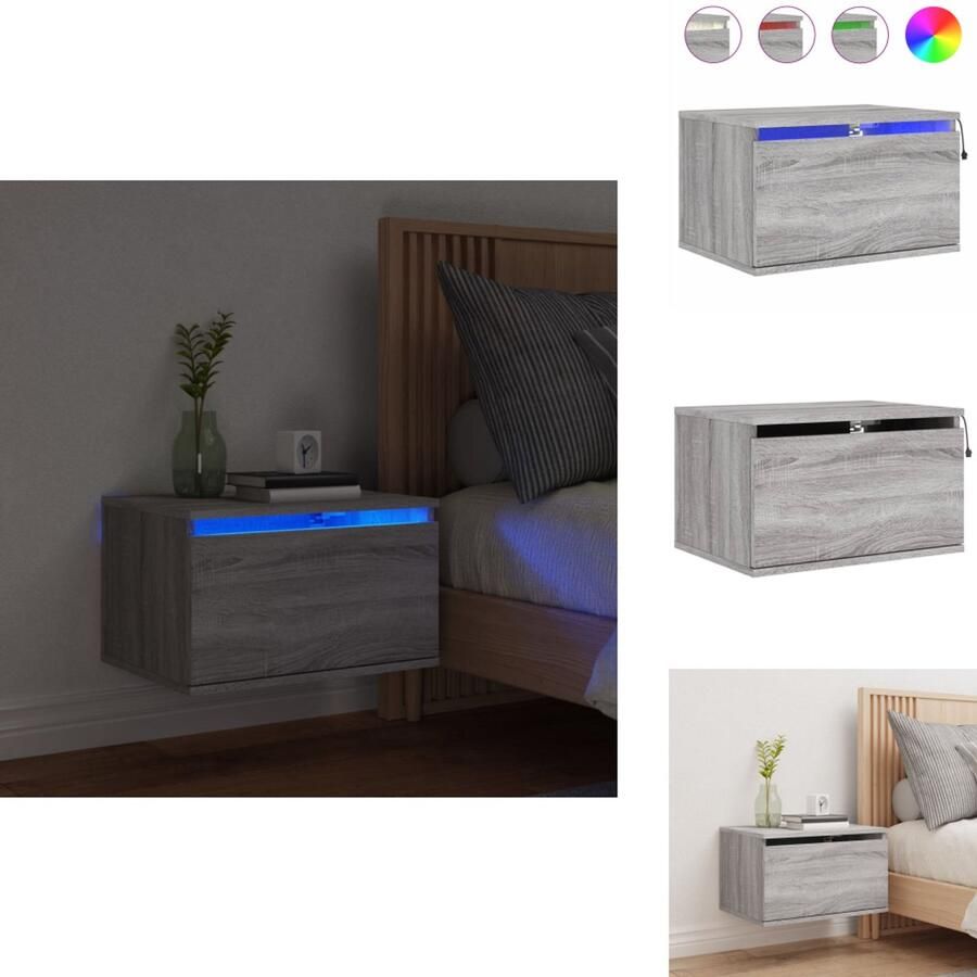VidaXL Wandgemonteerd Nachtkastje Wandgemonteerde Nachtkastjes Nachtkastje Zwevend Nachtkastje met LED's wandgemonteerd grijs sonoma eikenkleurig