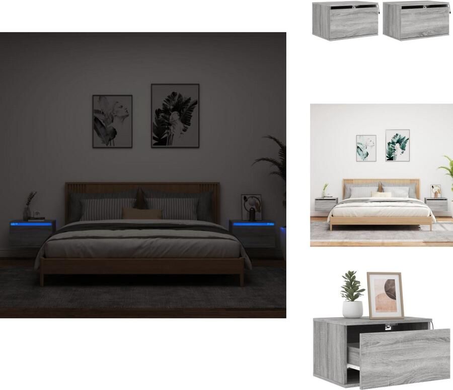 VidaXL Wandgemonteerd Nachtkastje Wandgemonteerde Nachtkastjes Nachtkastje Zwevend Nachtkastje Nachtkastjes met LED's 2 st wandgemonteerd grijs sonoma eiken