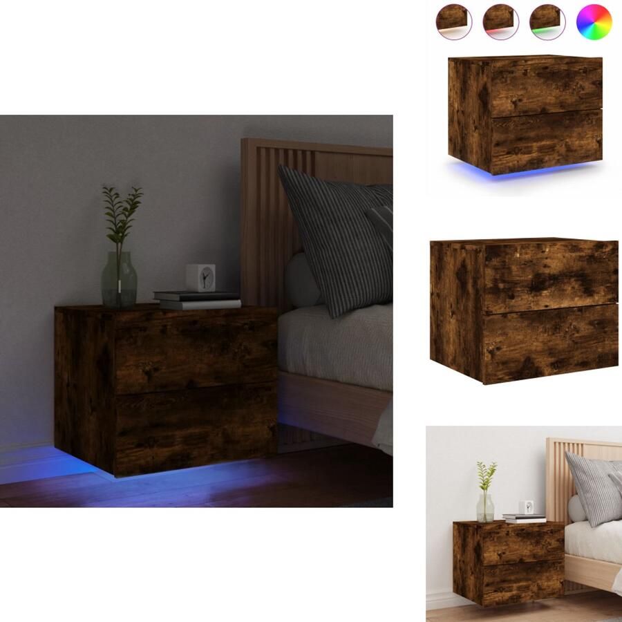 The Living Store Nachtkastje met LED's wandgemonteerd gerookt eikenkleurig Wandgemonteerd Nachtkastje Wandgemonteerde Nachtkastjes Nachtkastje Zwevend Nachtkastje - Foto 2