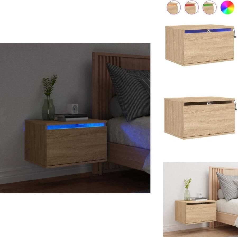 VidaXL Wandgemonteerd Nachtkastje Wandgemonteerde Nachtkastjes Nachtkastje Zwevend Nachtkastje met LED's wandgemonteerd sonoma eikenkleurig